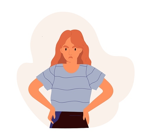 Sad offended woman sulking and expressing angry emotion. Frustrated female character with unhappy face expression. Colored flat vector illustration of irritated person isolated on white .