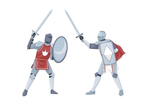 Chivalry tournament. Two medieval knights in armor fighting with swords. Warriors holding shields in war battle. Flat vector illustration with fighters isolated on white .
