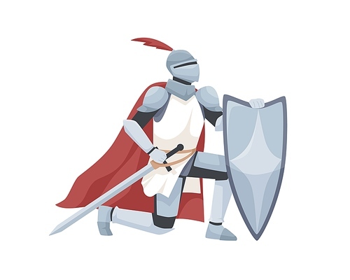 Knight in armor and red cloak holding shield and sword and giving oath on his knee. Medieval warrior kneeling and swearing allegiance. Chivalry isolated on white . Flat vector illustration.