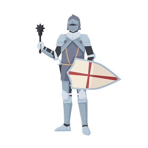 Medieval knight standing in armor holding shield and club weapon. Armored warrior of Middle Ages with mace isolated on white . Chivalry figure. Flat vector illustration.