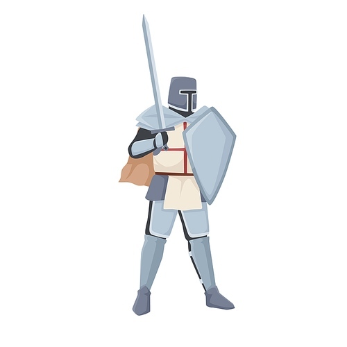 Medieval knight standing in armor and helmet holding shield and raised sword. Warrior of Middle Ages isolated on white . Chivalry figure. Flat vector illustration.
