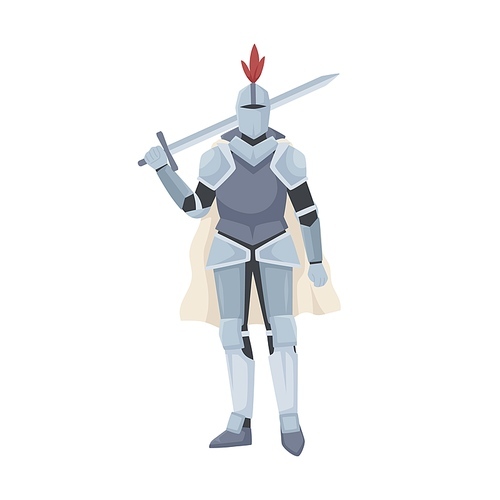 Medieval knight standing in armor, cloak and helmet with red feather. Warrior of Middle Ages holding sword over his shoulder. Chivalry figure isolated on white . Flat vector illustration.
