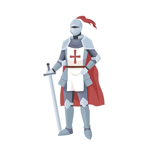Medieval knight in armor, red cape and helmet with feather. Warrior of Middle Ages standing and leaning on a sword. Chivalry figure isolated on white . Flat vector illustration.