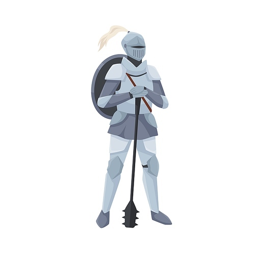 Medieval knight standing in helmet and armor holding shield on back and leaning on club weapon. Warrior of Middle Ages isolated on white . Chivalry figure. Colorful flat vector illustration.