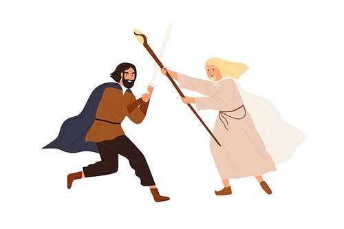 Medieval battle or duel between good and evil. Man and wizard armed with sword and spear fighting in tournament. Struggling fairy tale characters. Flat vector illustration isolated on white 