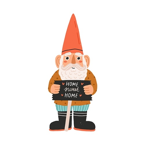 Cute and funny garden gnome or dwarf in red hat holding slate board with Home Sweet Home inscription. Fairytale character. Colored flat cartoon vector illustration isolated on white .