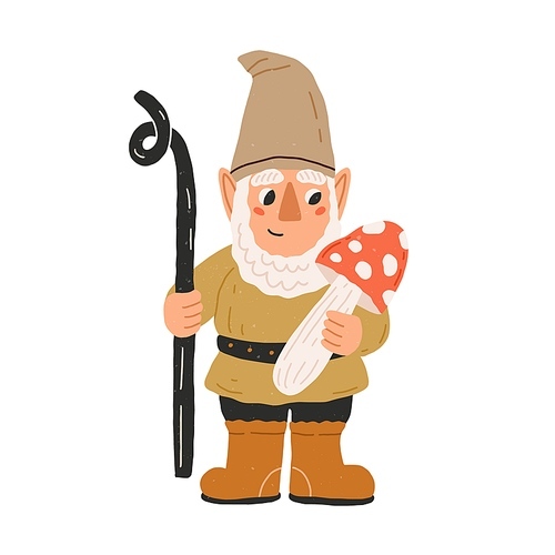 Cute and funny garden gnome or dwarf holding amanita and looking curiously at mushroom. Hand-drawn fairytale character. Colored flat cartoon vector illustration isolated on white .