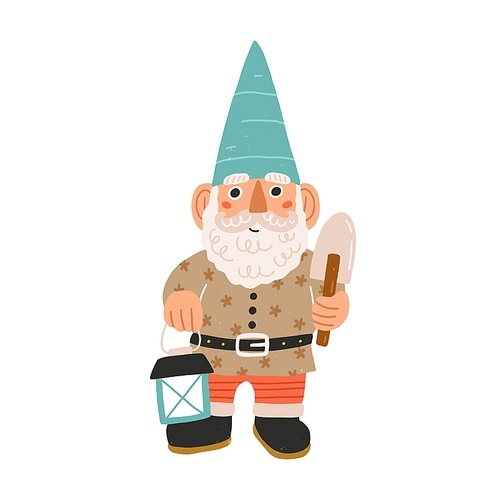 Cute and funny garden gnome or dwarf holding lantern and trowel. Hand-drawn fairytale character with curly beard and moustache. Colored flat cartoon vector illustration isolated on white .