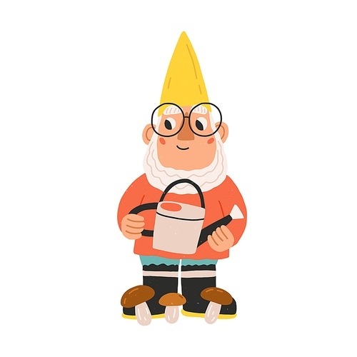 Cute and funny garden gnome or dwarf in glasses holding watering can. Hand-drawn fairytale character with beard. Colored flat cartoon vector illustration isolated on white .