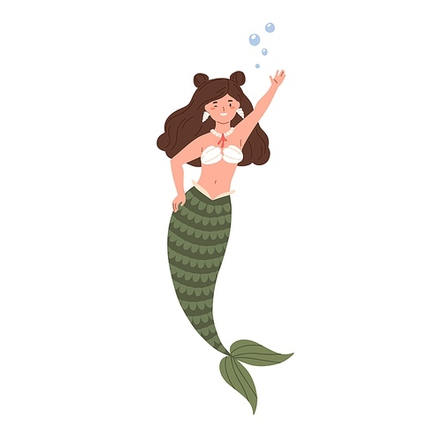 Beautiful brunette mermaid with long hair and fish tail. Cute underwater fairy character in shell bra winking and waving with hand. Colored flat vector illustration isolated on white .