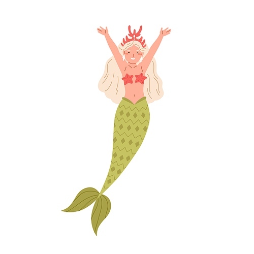 Beautiful mermaid with long blonde hair and fish tail. Cute underwater fairy princess in starfish bra and coral crown with hands raised up. Color flat vector illustration isolated on white .