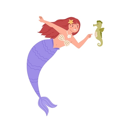 Pretty mermaid with long red hair and fish tail. Cute underwater fairy princess in shell bra chatting and laughing with sea horse. Colored flat vector illustration isolated on white .