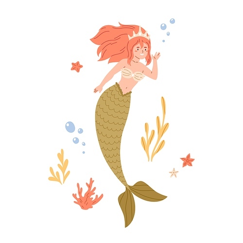 Beautiful redhead mermaid with long hair and fish tail. Cute underwater fairy princess in shell bra and coral crown. Colored flat cartoon vector illustration isolated on white .
