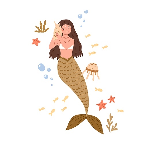 Beautiful mermaid with long hair and fish tail listening to music with seashell. Cute underwater fairy princess in shell bra. Colored flat cartoon vector illustration isolated on white .