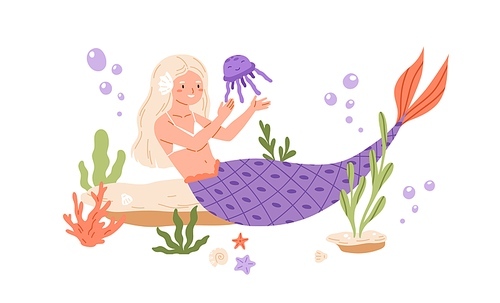 Pretty mermaid with long blonde hair and fish tail playing with jellyfish at sea bed. Cute underwater fairy princess. Colored flat cartoon vector illustration isolated on white .
