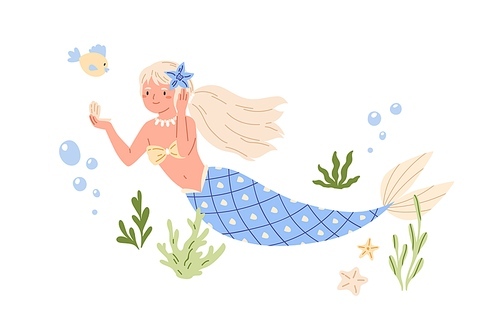 Pretty mermaid with long blonde hair and blue fish tail swimming at sea bed and looking in seashell mirror. Cute underwater fairy princess. Color flat vector illustration isolated on white .
