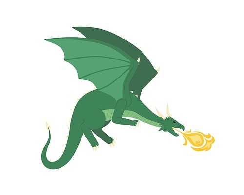 Green mythical dragon blowing fire vector flat illustration. Medieval dangerous creature with wings and horns isolated on white. Angry powerful fantasy monster. Scary flying beast.