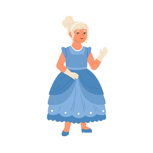 Cute girl wearing cinderella carnival costume vector flat illustration. Happy female child in princess apparel waving hand isolated on white. Amusing kid in elegant dress at masquerade or ball.