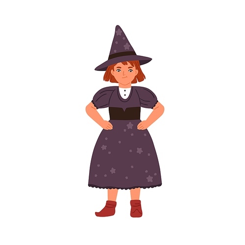 Funny little girl in witch costume vector flat illustration. Cute child wizard or sorcerer wearing dress and hat isolated on white. Amusing kid in mage apparel for carnival, halloween or theme party.