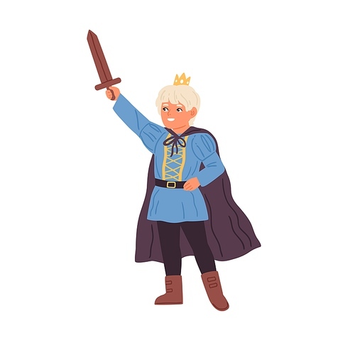 Cute little boy in prince costume holding sword vector flat illustration. Funny male child wearing crown and cloak at masquerade party isolated. Kid actor play king or knight in theater performance.