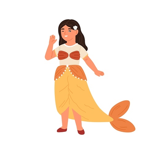 Cute little girl in mermaid costume vector flat illustration. Funny child winking and waving hand, playing at kids theater performance isolated. Female kid in carnival apparel of sea creature at party