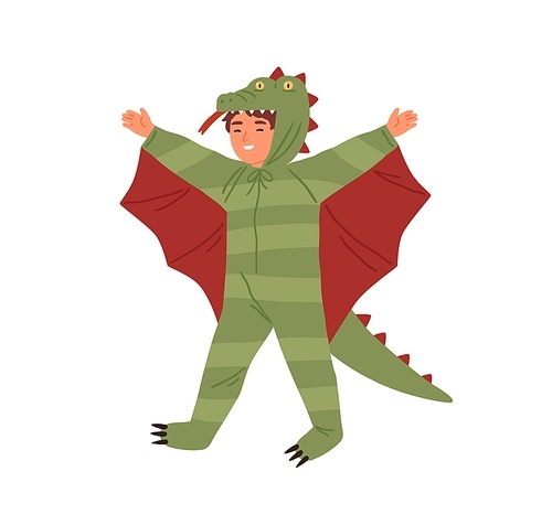 Joyful boy wearing dragon costume, having fun at theme party vector flat illustration. Cute male kid in masquerade apparel isolated on white. Smiling actor of childish theater at performance.
