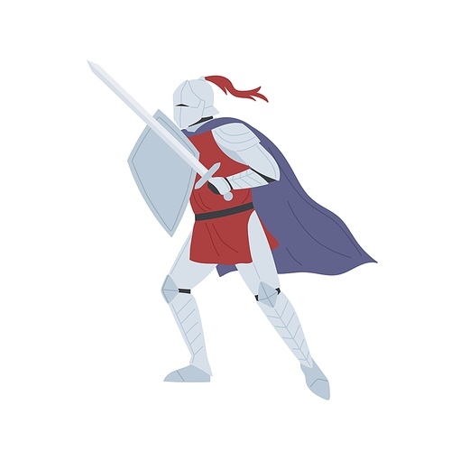 Brave medieval knight in full body armor vector flat illustration. Historical warrior holding sword and shield isolated on white. Ancient soldier, swordsman ready to fight. Fairytale male hero.