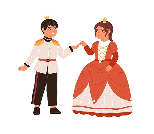 Smiling children couple in king and queen carnival costumes at royal ball vector flat illustration. Happy little prince and princess holding hands isolated. Boy and girl at childish theme party.