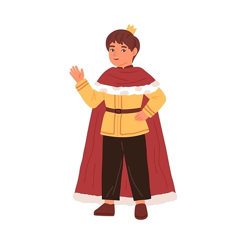 Cute little boy wearing king costume at carnival party vector flat illustration. Funny kid in mantle and crown waving hand isolated. Male actor of childish theater taking part at performance.