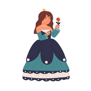 Cute fairytale princess holding rose isolated on white. Little girl dressed in poofy gown like queen for costumed carnival, kids party, royal ball or theatrical performance. Flat vector illustration.