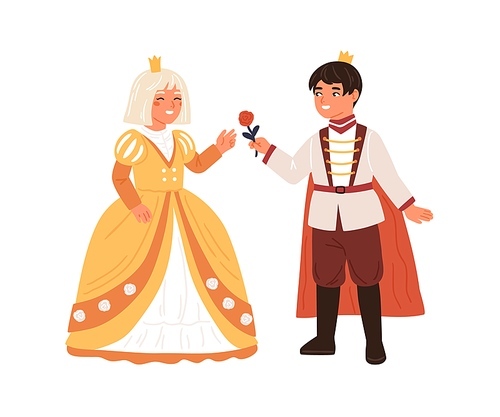 Cute boy in prince costume giving rose to girl in princess gown vector flat illustration. Royal couple at carnival party or ball isolated. Smiling children actors at childish theater performance.