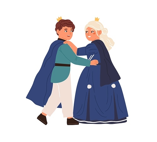 Cute little prince and princess dancing at royal ball vector flat illustration. Happy children wearing king and queen carnival costumes at kids party isolated. Girl and boy actors of childish theater.