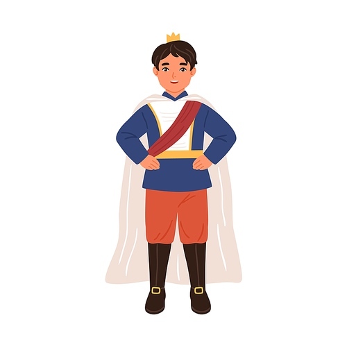 Cute prince with crown and in cloak isolated on white . Little boy dressed like king for costumed carnival, kids party, royal ball or theatrical performance. Flat vector illustration.