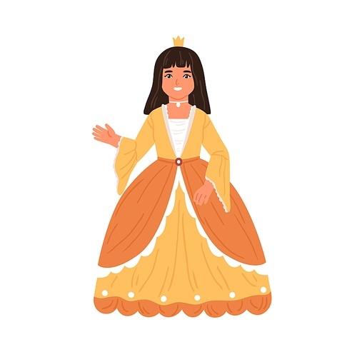 Cute fairytale princess waving hand. Little girl dressed in poufy gown like queen for costumed carnival, kids party, royal ball or theatrical play. Flat vector illustration isolated on white.