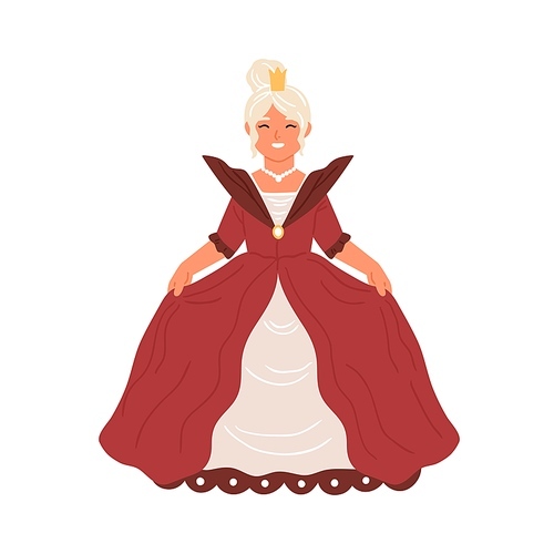 Cute fairytale princess isolated on white . Adorable girl dressed in poofy red gown like queen for costumed carnival, kids party, royal ball or theatrical play. Flat vector illustration.