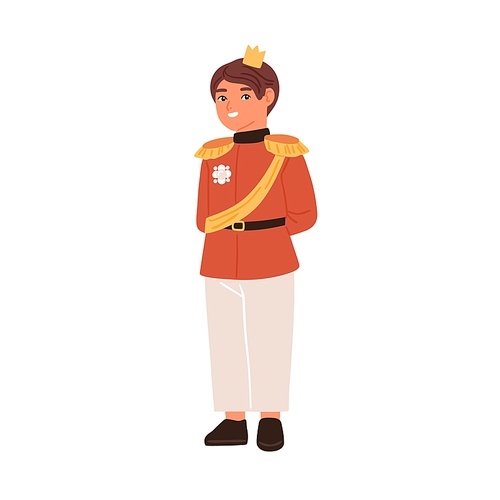 Cute fairytale prince with golden crown isolated on white . Little boy dressed like king for costumed carnival, kids party, royal ball or theatrical play. Flat vector illustration.