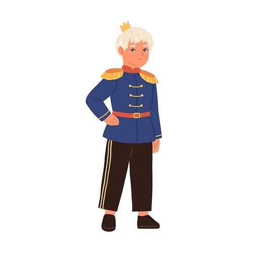 Cute fairytale prince with golden crown isolated on white . Little boy dressed in military king outfit for costumed carnival or kids theatrical play. Colorful flat vector illustration.