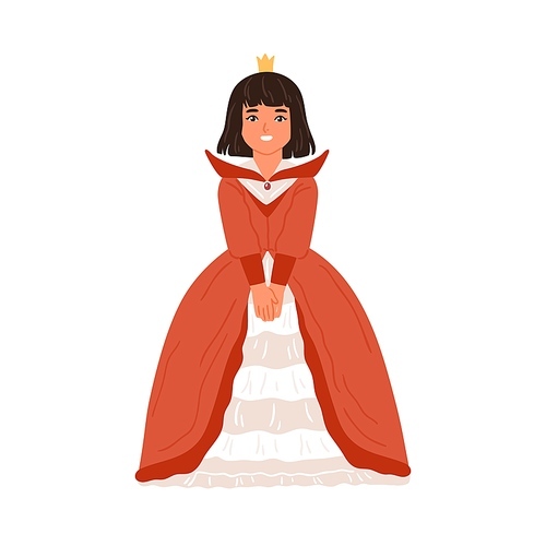 Happy little girl in princess or queen gown vector flat illustration. Smiling female kid in elegant dress and crown at carnival party isolated on white. Actress of childish theater at performance.