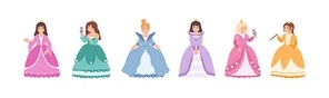 Set of cute little princess or fairy wearing elegant dress for royal ball vector flat illustration. Collection of girls in queens apparel for carnival or childish theme party isolated on white.