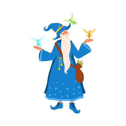 Old gray haired mage with beard holding flying little fairies. Portrait of aged sorcerer with a bag of herbs. Cute wizard man in magical costume. Flat vector cartoon illustration isolated on white.