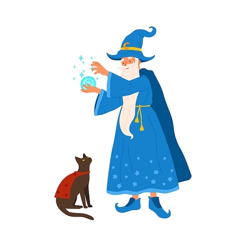 Aged gray haired mage conjure with magic ball. Portrait of old magician practicing wizardry with cat. Cute wise wizard. Flat vector cartoon illustration of funny sorcerer isolated on white.