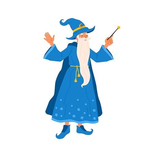 Aged bearded mage conjure with magic wand. Portrait of old magician practicing wizardry. Cute wise sorcerer in magical costume. Flat vector cartoon illustration of funny wizard isolated on white.