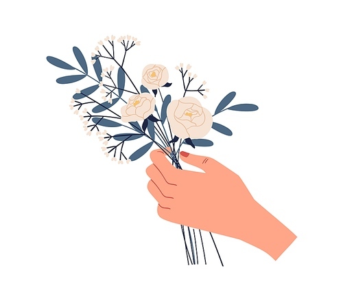 Female hand holding bouquet of delicate white roses and green twigs of eucalyptus isolated on white . Elegant cut flowers. Beautiful spring or summer gift. Colorful flat vector illustration.