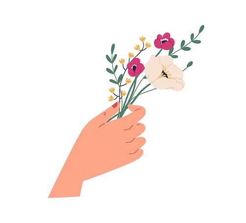 Female hand holding elegant small bouquet of delicate wild flowers. Beautiful spring bunch of anemones and green twigs. Colorful flat vector illustration isolated on white .