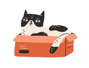 Cute and funny cat lying inside cardboard box with tongue out isolated on white background. Adorable spotted black and white kitty sitting in carton. Hand drawn colored flat vector illustration.