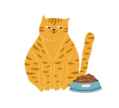 Cute hungry cat looking at bowl with food isolated on white . Adorable big fat ginger kitty sitting near its feeder. Hand-drawn colored flat vector illustration in doodle style.