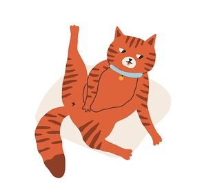Cute and funny cat grooming and washing itself and lying belly up with raised back paw. Adorable kitty isolated on white background. Hand-drawn colored flat vector illustration in doodle style.