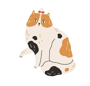 Cute and funny spotty cat with bow on head and raised paw. Big kitty with black and ginger spots isolated on white background. Hand-drawn colored flat vector illustration in doodle style.
