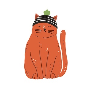 Cute and funny ginger cat wearing knitted hat with pompom and sitting with closed eyes. Adorable kitty meditating. Hand-drawn flat vector illustration isolated on white background in doodle style.