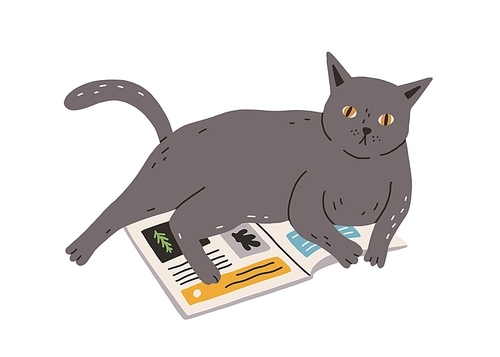 Cute and funny naughty cat lying on book. Adorable gray kitty isolated on white . Hand-drawn colored flat vector illustration in doodle style.